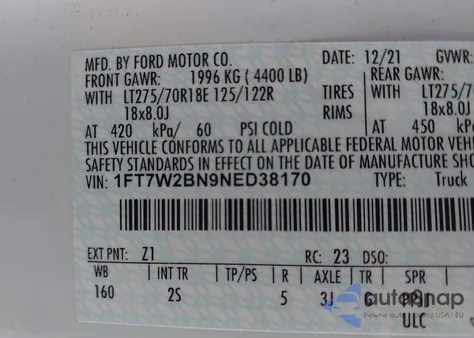 2022 Ford F-250 Xlt from USA, damaged, VIN 1FT7W2BN9NED38170